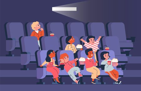 Vector illustration of children with popcorn and drinks in the movie theater.のイラスト素材