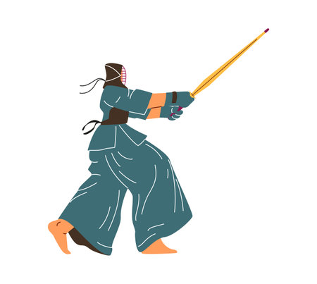 Kendo fighter wear protective clothing and mask with bamboo sword, vector traditional Japanese martial art, combat sportのイラスト素材