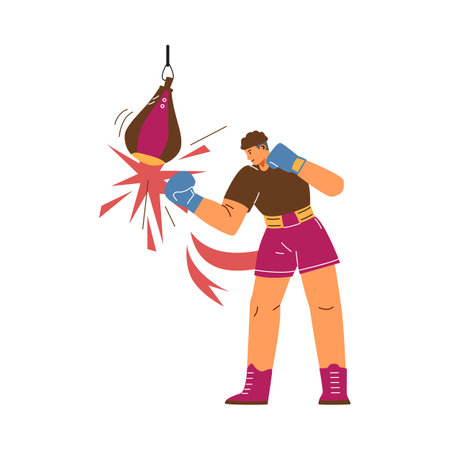 Vector illustration of a male boxer who trains a punch with a punching bag.のイラスト素材