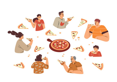Vector icons on the theme of Italian dinner: people of different ages to eat pizzaのイラスト素材