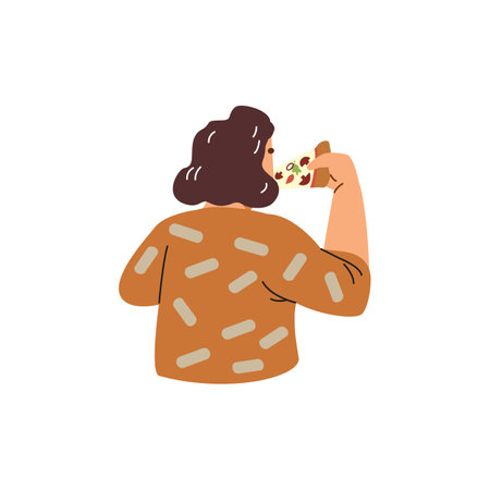 Vector illustration girl standing with her back and enjoying a delicious slice of pizzaのイラスト素材