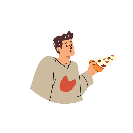 Young character enjoying pizza - vector sticker design.のイラスト素材