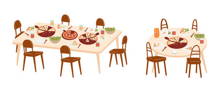 Tables serving with different pizzas, drinks, salad, rectangular and round tables with empty chairs vector flat setのイラスト素材