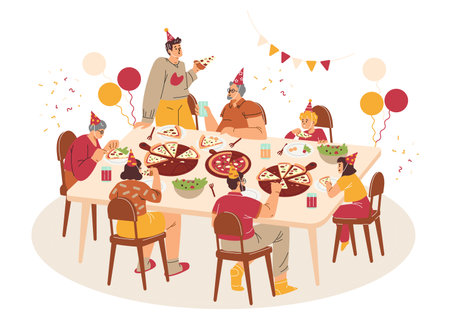 Vector illustration of a family holiday at the dining table: parents, children, grandparents enjoying pizzaのイラスト素材