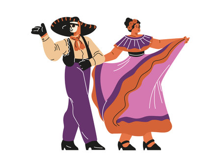 Vector illustration of a flamenco dancing girl and a guy celebrating the Day of the Deadのイラスト素材