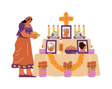 Vector illustration of a girl bringing offerings to the altar with portraits of relativesのイラスト素材