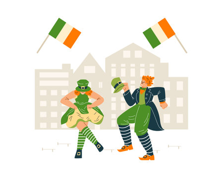 Vector illustration St. Patricks Day with a dancing girl and a guy in national costumesのイラスト素材