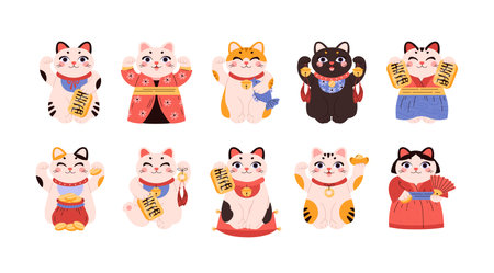 Set of cute maneki neko cats in different costumes flat styleのイラスト素材