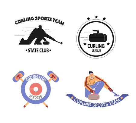 Curling club logo emblem design with inscription, vector label set with ice target, curling stone and brush sport playerのイラスト素材
