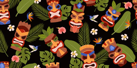 Vector seamless pattern of Tiki mask, tropical leaves, birds.のイラスト素材