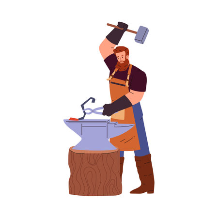 Bearded blacksmith with hammer and anvil in flat vector style.のイラスト素材
