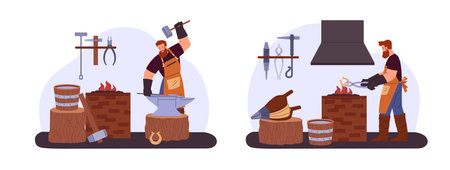 A medieval blacksmith at work, forging and heating iron.のイラスト素材