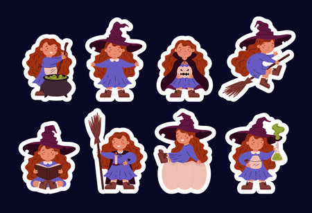 Cute girl witch witchcraft vector stickers set, cartoon young witch making magical potion in cauldron, flying on broomのイラスト素材