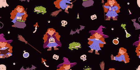 Vector illustration of a Halloween background with a red-haired witch.のイラスト素材