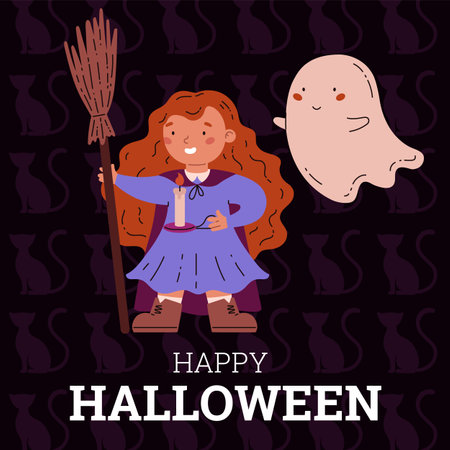 Cute Halloween poster with witch girl and ghost in flat style.のイラスト素材