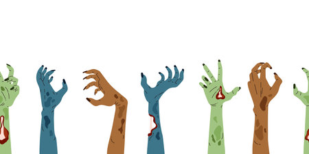 Vector illustration with isolated zombie hands along the bottom seamless border.のイラスト素材