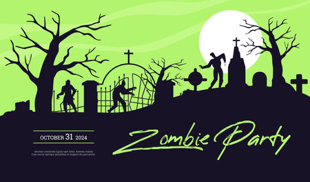 Zombie party October 31 invitation banner, Halloween horror graveyard background with zombie and walking dead, moonlightのイラスト素材