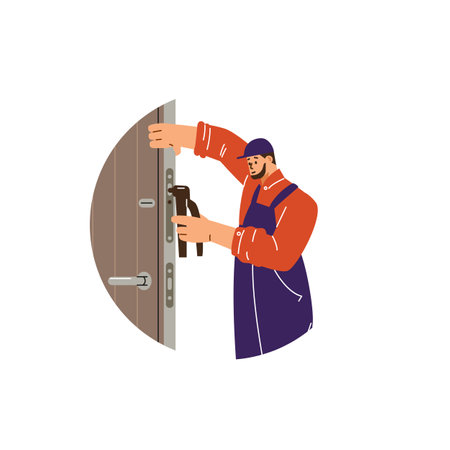 Professional locksmith worker repairing a door lock using special tools, maintenance service vector in round frameのイラスト素材