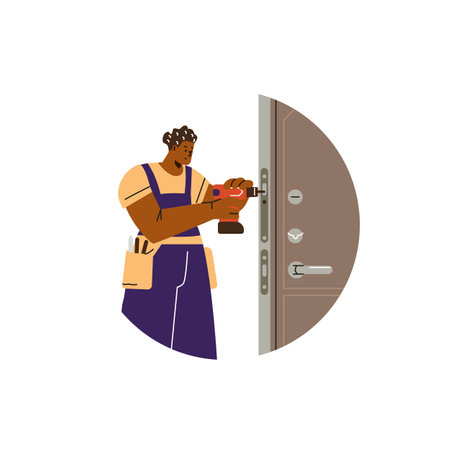 A locksmith repairs a door lock.のイラスト素材