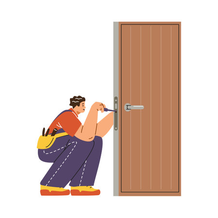Repairman fixing door lock, vector illustration. Flat style.のイラスト素材