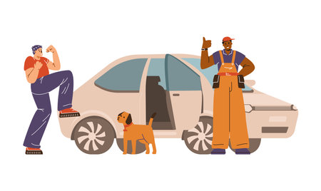 Professional locksmith worker unlocks the cars door lock fixed door, owner with dog are happy, vector lockpicker serviceのイラスト素材