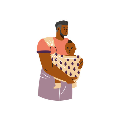 Happy young father carrying baby in sling, vector cartoon African parent man walking with infant in baby carrier wrapのイラスト素材