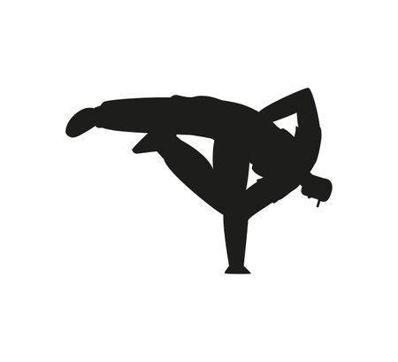 Break dancer handstands black silhouette, vector breakdancer in action, boy teenager street dancer hip hop performanceのイラスト素材