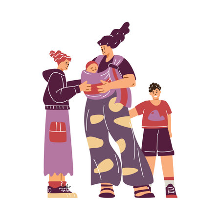 Family walk vector illustration. Mom with a newborn baby in a carrier.のイラスト素材
