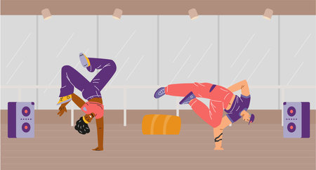 Vector illustrations depicting breakdancing dancers in dynamic poses, demonstrating modern urban dancing and acrobatic movements.のイラスト素材