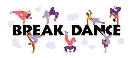 Cartoon break dancers in various dynamic poses on vector typographic poster, teenagers dancing hip...