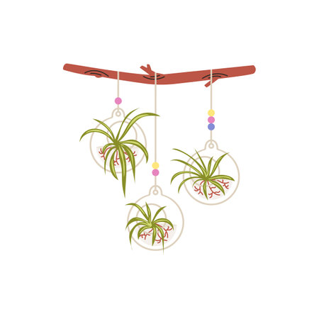 Macrame hangers for plants growing in pots on a wooden stick, vector houseplant hang on rope, decorative indoor flowersのイラスト素材