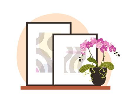 Wooden shelf with paintings and pink orchid in pot, vector flat beautiful blossom flowerpot and Macrame picture in frameのイラスト素材