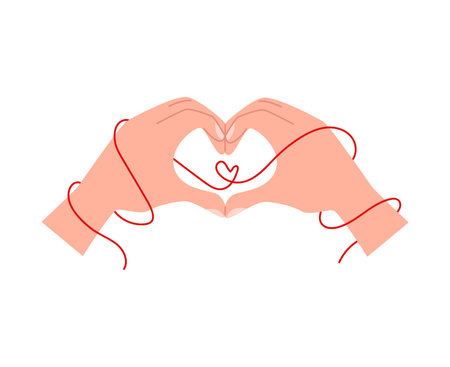 Hands making heart shape gesture with red ribbon, vector couple hands love symbol, romantic human arm gesture iconのイラスト素材