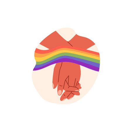 Hand shake, romantic homosexual couple hands holding with rainbow LGBT flag community, vector Love and unity arm gestureのイラスト素材