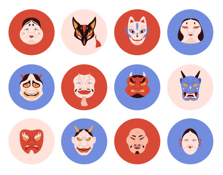 Colorful Kabuki mask collection vector setのイラスト素材