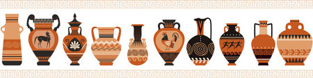 Ancient Greece amphoras with pattern vector set, antique various shapes vase, vintage pitcher museum exhibits collectionのイラスト素材