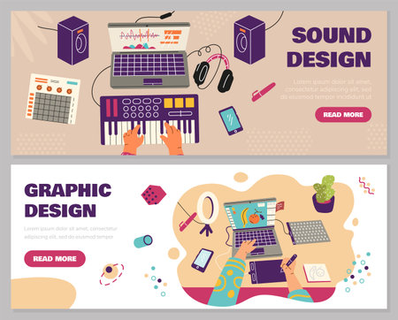 Illustration of a set of banners featuring hands doing graphic and sound design on a computer.のイラスト素材