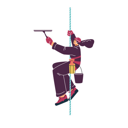 Industrial climber. A woman cleans the office window.のイラスト素材