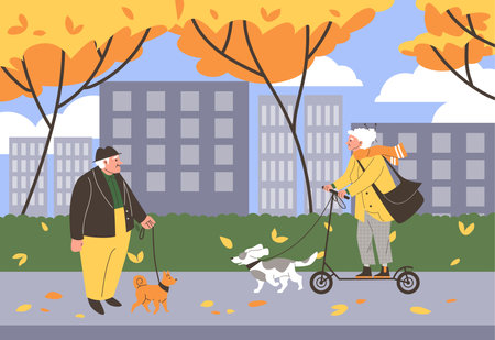 Active senior people walking with dogs and riding electric scooter on autumn city landscape vector cartoon illustrationのイラスト素材