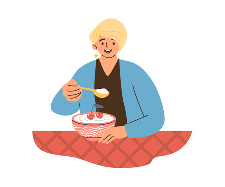 Vector illustration of a girl with a smile enjoying yogurt with cherries at a tableのイラスト素材