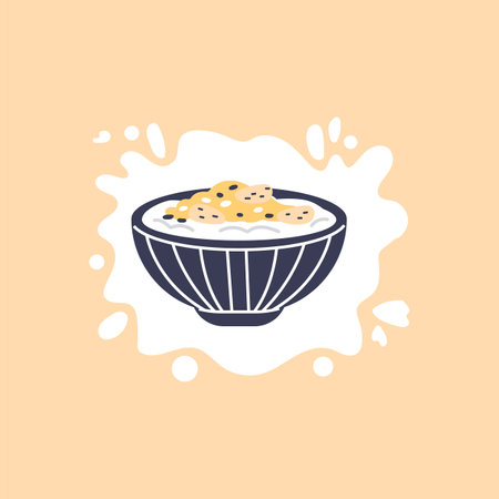 Natural yogurt with oatmeal flakes in a bowl.のイラスト素材