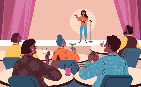 Comedian artist woman with microphone perform stand-up comedy show standing on stage, vector audience listening, applaudのイラスト素材