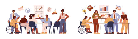 Business meeting in the office, disabled employee in wheelchair engaged in corporate conversation, teamwork vector setのイラスト素材