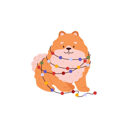 Cute Spitz dog decorated with a garland, Pomeranian German breed puppy, vector cartoon friendly small fluffy orange petのイラスト素材