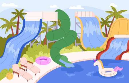 Vector illustration of a water park with many different water slides, tubing and inflatable circlesのイラスト素材