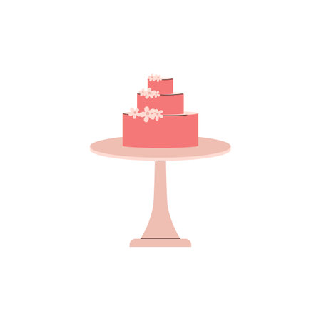 Wedding cake on a stand, vector cartoon beautiful marriage pink tiered cake with flowers decoration, traditional treatのイラスト素材