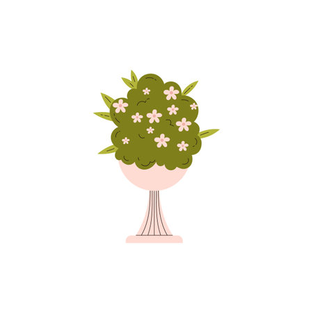 Vector illustration with a large vintage vase with a green bush and white flowersのイラスト素材