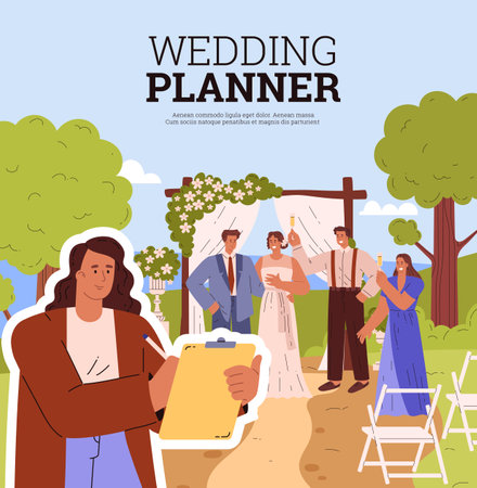 Wedding vector planner, professional organizer planning marriage event woman coordinator, happy bride and groom, guestsのイラスト素材