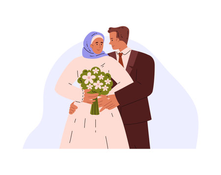 Bride and groom, wedding ceremony, vector newlywed couple, happy husband in suit and wife in wedding dress and hijabのイラスト素材