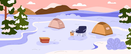 Illustration of winter forest landscape with frozen lake and tents for ice fishing.のイラスト素材